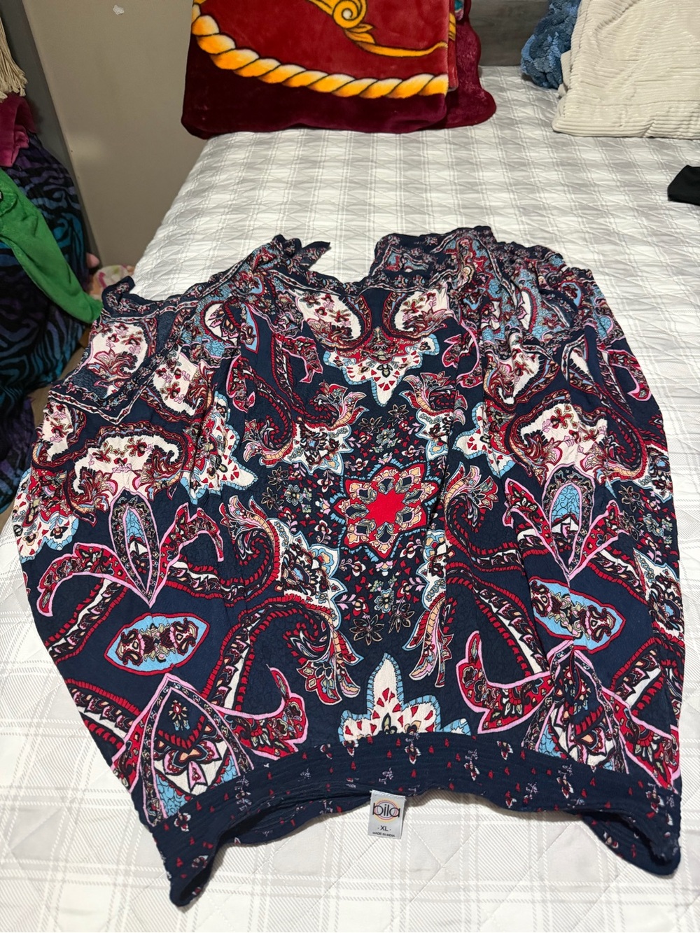 Bila Navy Paisley Short Sleeve Top with Red Accents - Picture 1 of 4